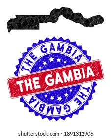 The Gambia map polygonal mesh with filled triangles, and unclean bicolor watermark. Triangle mosaic the Gambia map with mesh vector model, triangles have variable sizes, and positions, and color hues.