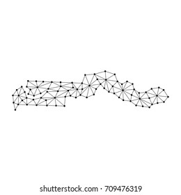 Gambia map of polygonal mosaic lines network, rays and dots vector illustration.