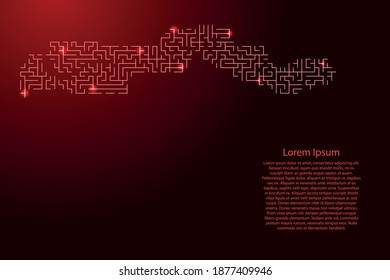 Gambia map from red pattern of the maze grid and glowing space stars grid. Vector illustration.