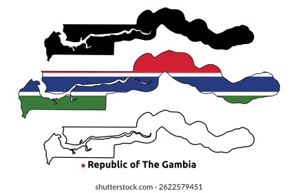 Gambia Map Vector - Country Outline, Flag Inside Map, Blank and Silhouette Version