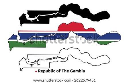 Gambia Map Vector - Country Outline, Flag Inside Map, Blank and Silhouette Version