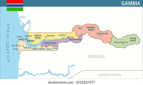 Novo 2024 Colorido - Personalizável em camadas mapa político da Gâmbia com divisões administrativas para site, educação, relatórios, notícias, política, impressão, cartaz e papel de parede