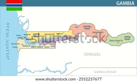 Gambia Map Vector New 2024 Colorful - Customizable layered political map of Gambia with administrative divisions for website, education, reports, news, politics, print, poster and wallpaper