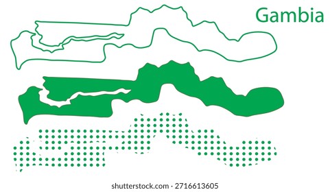 Mapa de Gâmbia Vetor Set, West Africa Contorno Silhueta Pontilhada Formas Verdes, Gâmbia País Infográfico Modelo, Editável EPS Gâmbia Geografia
