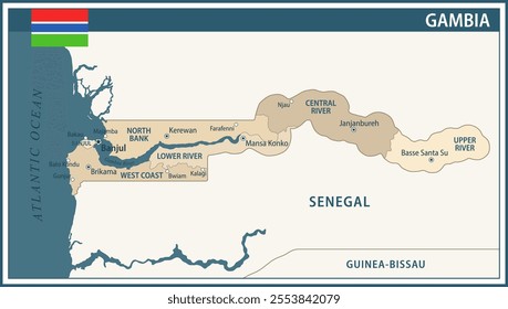 Gambia Map Vector Vintage Dark Blue Beige - Customizable layered political map of Gambia with administrative divisions for website, education, reports, news, politics, print, poster and wallpaper