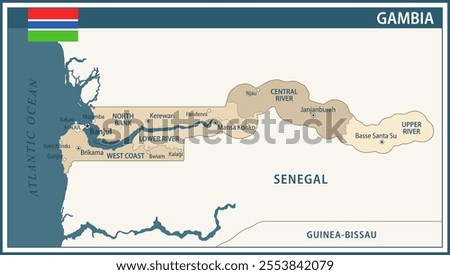 Gambia Map Vector Vintage Dark Blue Beige - Customizable layered political map of Gambia with administrative divisions for website, education, reports, news, politics, print, poster and wallpaper