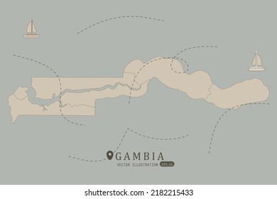 Gambia Map - World Map International vector template High detailed with brown color isolated on grey background including simple point of location, wind, boat icon - Vector illustration eps 10