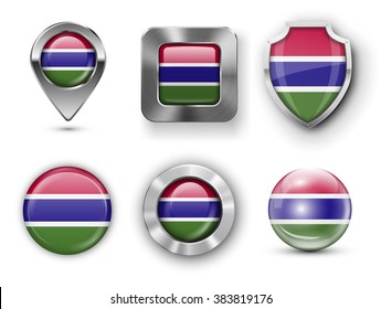 Gambia Metal and Glass Flag Badges, Buttons, Map marker pin and Shields. Vector illustrations