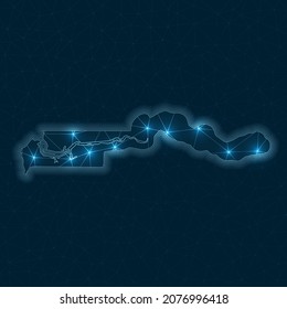 Gambia Netzwerkkarte. Abstrakte geometrische Karte des Landes. Digitale Verbindungen und Telekommunikationsdesign. Glühendes Internet-Netzwerk. Beeindruckende Vektorgrafik.