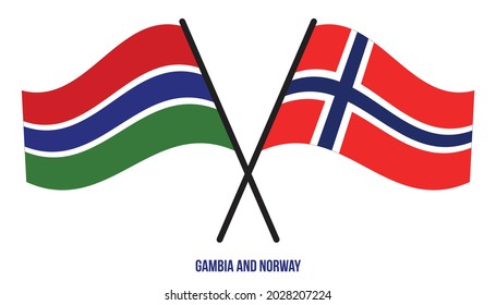 Gambia and Norway Flags Crossed And Waving Flat Style. Official Proportion. Correct Colors.