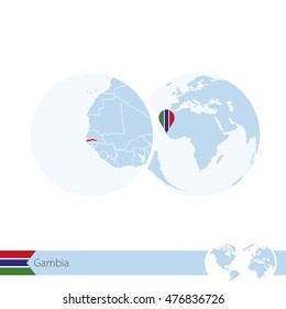 Gambia on world globe with flag and regional map of Gambia. Vector Illustration.