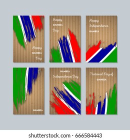 Gambia Patriotic Cards for National Day. Expressive Brush Stroke in National Flag Colors on kraft paper background. Gambia Patriotic Vector Greeting Card.