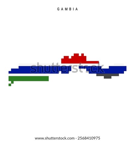 Gambia pixel flag map icon. 8 bit pixel art Gambian map covered with flag. Flat vector illustration isolated on white background.