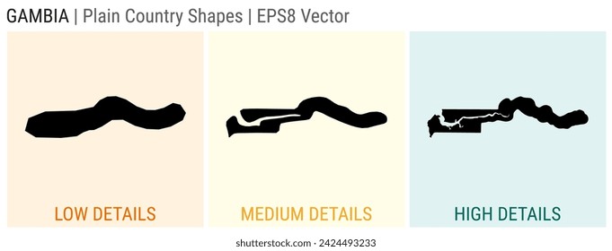 Gambia - plain country shape. Low, medium and high detailed maps of Gambia. EPS8 Vector illustration.