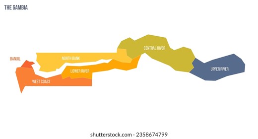 The Gambia political map of administrative divisions - regions and city of Banjul. Colorful spectrum political map with labels and country name.