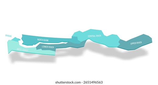 O mapa político de Gâmbia de divisões administrativas - regiões e cidade de Banjul. Mapa de vetor turquesa 3D com rótulos de nome.