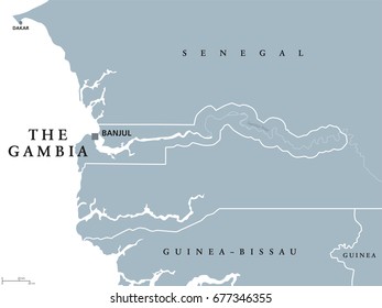 The Gambia political map with capital Banjul. Republic and country in West Africa, surrounded by Senegal except Atlantic ocean coastline. Gray illustration. White background. English labeling. Vector.