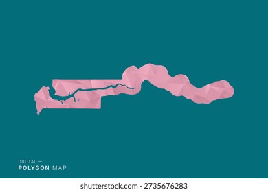 Ilustración vectorial de mapa de polígono de Gambia en estilo geométrico de bajo poli, colores pastel suaves con tonos rosados y verdes azulados, silueta limpia sobre fondo sólido, ideal para infografía.