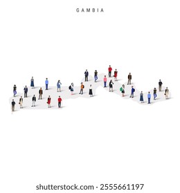 Gambia population map. Large group of realistic a diverse crowd of people figures in a shape of Gambian map. Flat vector illustration isolated on white.