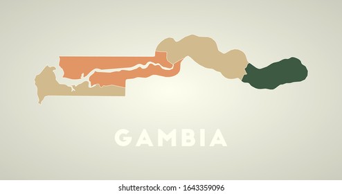Gambia poster in retro style. Map of the country with regions in autumn color palette. Shape of Gambia with country name. Amazing vector illustration.