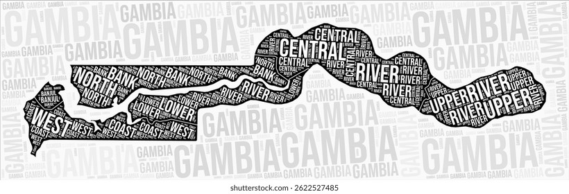 Gambia regions map word cloud. Gambia region names. Black and white map design. Stylish vector illustration.
