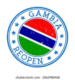 Gambia Reopening Stamp. Round badge of country with flag of Gambia. Reopening after lockdown sign. Vector illustration.
