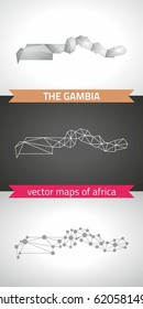 The Gambia set of grey and silver mosaic 3d polygonal maps. Graphic vector triangle geometry outline shadow perspective maps