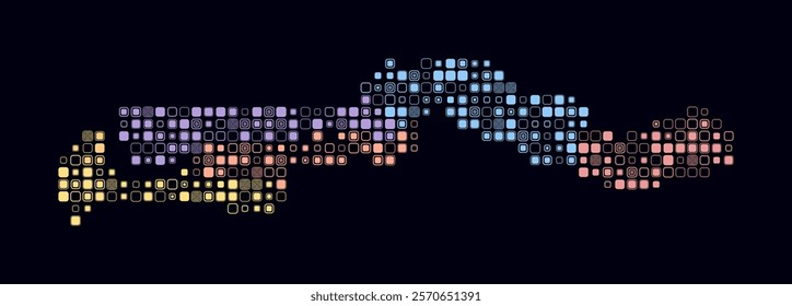 Gambia, shape of the country build of colored cells. Digital style map of the Gambia on dark background. Small size rounded square blocks. Modern vector illustration.