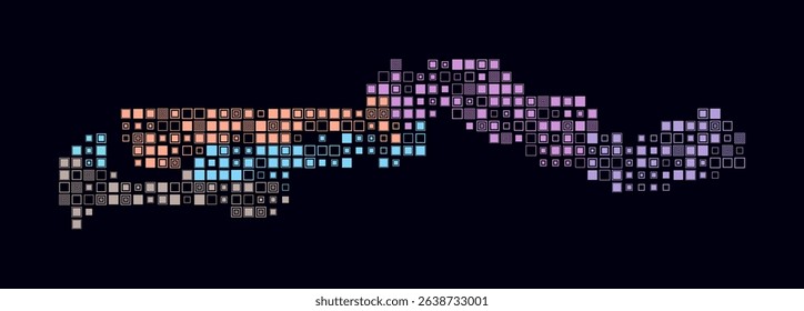 Gambia, shape of the country built of colored cells. Digital style map of the Gambia on dark background. Small size square blocks. Simple vector illustration.