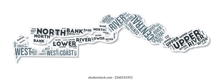 Gambia shape text cloud. Country border with shadow on white background. Gambia with regions division in vintage gazette style. Awesome vector illustration.