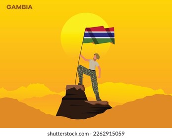 GAMBIA Soldier on top of the mountain with the GAMBIA flag. 
illustration of GAMBIA  Army soilder holding flag of GAMBIA  Happy Republic Day