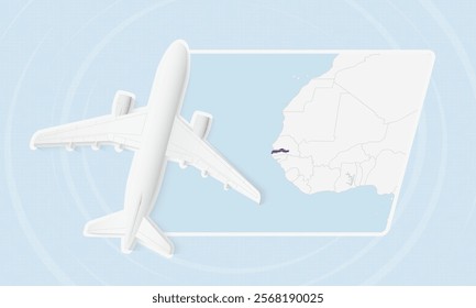 Gambia Travel Illustration with Plane and National Flag. Ideal for travel agencies, promotional materials, or geographic content related to Gambia.