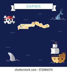 Gambia treasure map in flat design. Colorful cartoon treasure map of Gambia with flat design icons of pirate ship and jolly roger. Gambia flat design vector illustration.