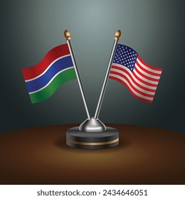 Banderas de mesa de Gambia y Estados Unidos con fondo degradado. Ilustración vectorial