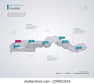 Gambia vector map with infographic elements, pointer marks. Editable template with regions, cities and capital Banjul. 