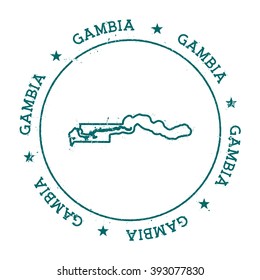Gambia vector map. Retro vintage insignia with Gambia map. Distressed visa stamp with Gambia text wrapped around a circle and stars. Country map vector illustration.