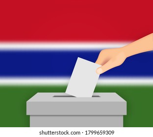 Gambia vote election banner background. Ballot Box with blurred flag