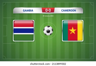 Gambia vs Cameroon scoreboard broadcast template for sport soccer africa tournament 2021 Round Quarter-finals and football championship in cameroon vector illustration