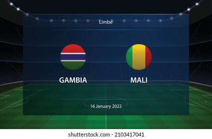 Gambia vs Mali football scoreboard. Broadcast graphic soccer template