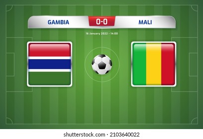 Gambia vs Mali scoreboard broadcast template for sport soccer africa tournament 2021 Group F and football championship in cameroon vector illustration