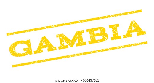 Gambia watermark stamp. Text caption between parallel lines with grunge design style. Rubber seal stamp with dust texture. Vector yellow color ink imprint on a white background.