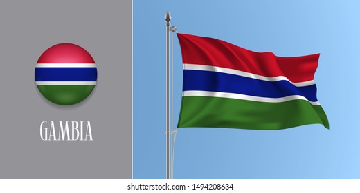 Gambia waving flag on flagpole and round icon vector illustration. Realistic 3d mockup with design of Gambian flag and circle button 