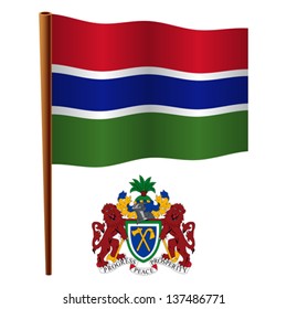 gambia wavy flag and coat of arms against white background, vector art illustration, image contains transparency