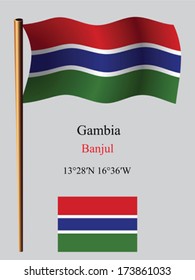 gambia wavy flag and coordinates against gray background, vector art illustration, image contains transparency