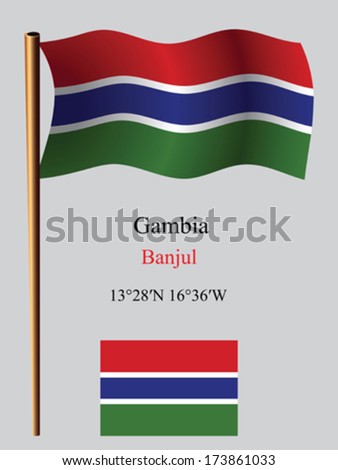 gambia wavy flag and coordinates against gray background, vector art illustration, image contains transparency