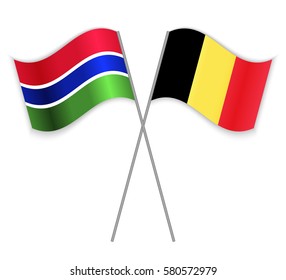 Gambian and Belgian crossed flags. Gambia combined with Belgium isolated on white. Language learning, international business or travel concept.