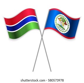 Gambian and Belizean crossed flags. Gambia combined with Belize isolated on white. Language learning, international business or travel concept.
