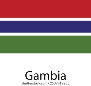 The Gambian flag features three horizontal stripes, red at the top, blue in the middle, and green at the bottom, separated by white stripes. 