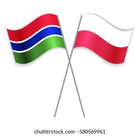 Gambian and Polish crossed flags. Gambia combined with Poland isolated on white. Language learning, international business or travel concept.
