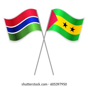 Gambian and Sao Tomean crossed flags. Gambia combined with Sao Tome and Principe isolated on white. Language learning, international business or travel concept.